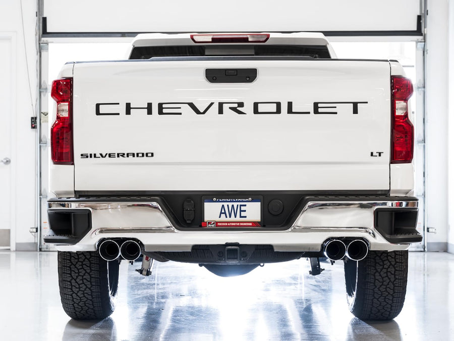 4th Gen AWE Tuning GM 1500 5.3L 0FG Catback Split Rear Exit (w/Bumper Cutouts) - Quad Chrome Tips - 3015-42201