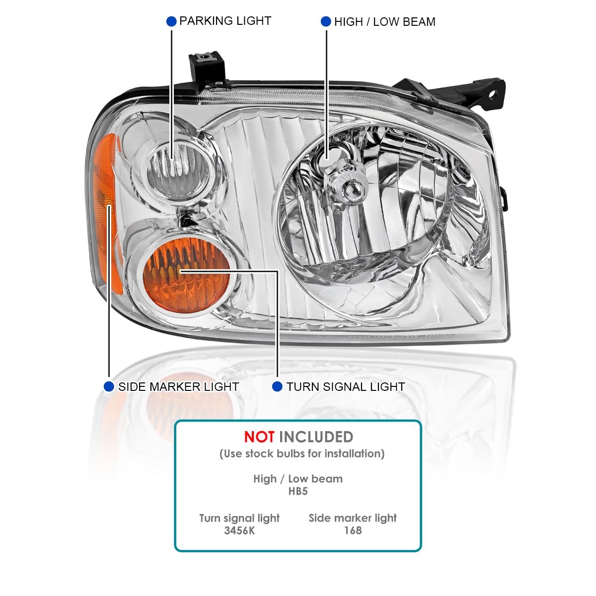 Chrome Replacement Headlights SPEC-D TUNING Compatible with 2001-2004 Nissan Frontier Left + Right Head Lights Lamps Assembly