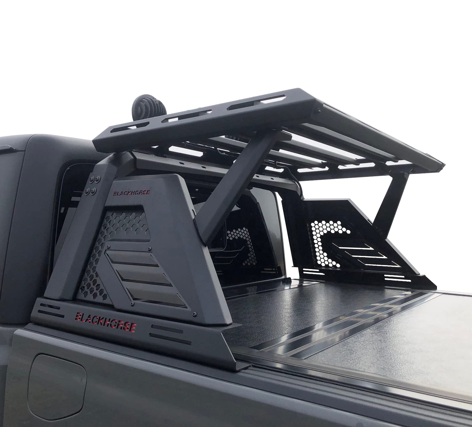 Armour II Black Horse Roll Bar W/Basket Incl. Set of 5.3" Dia.Led Lights w/Red Trim Rings Compatible with 2005-2024 Toyota Tacoma-AR2-03BA3-PLFR