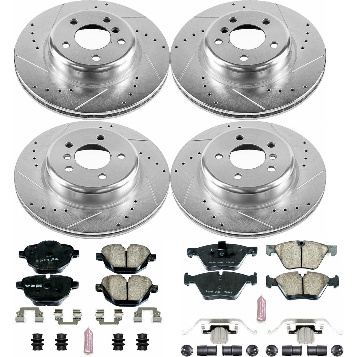 Power Stop K6033 Z23 Carbon Fiber Brake Pads Front and Rear with Drilled & Slotted Brake Rotors Kit and 1 Front & 1 Rear Sensor Wires