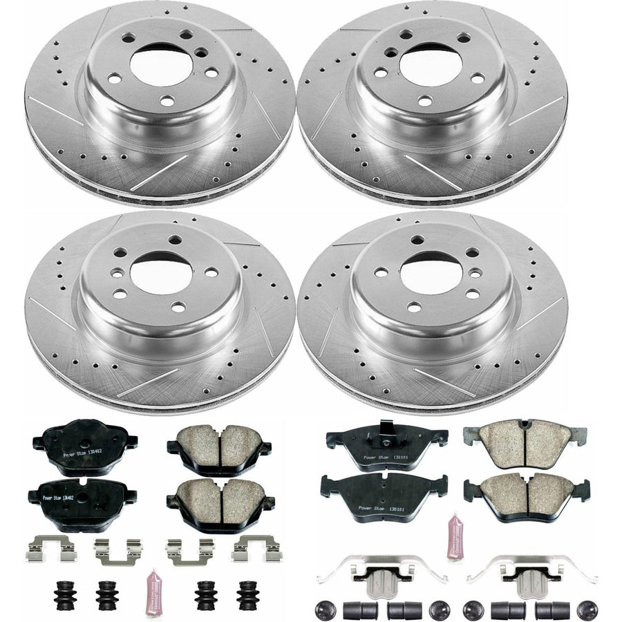 Power Stop K6033 Z23 Carbon Fiber Brake Pads Front and Rear with Drilled & Slotted Brake Rotors Kit and 1 Front & 1 Rear Sensor Wires