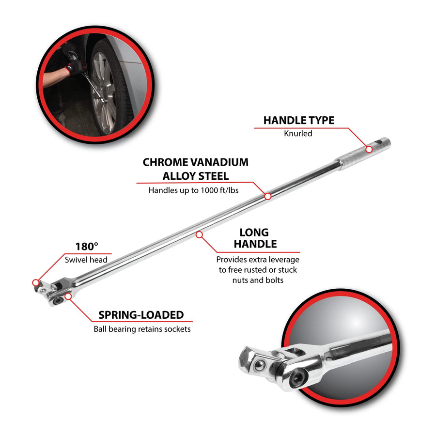 W32121 Performance Tool 1/2-in Drive Flex Handle Home Improvement Hand Tool, Silver, 24 inches
