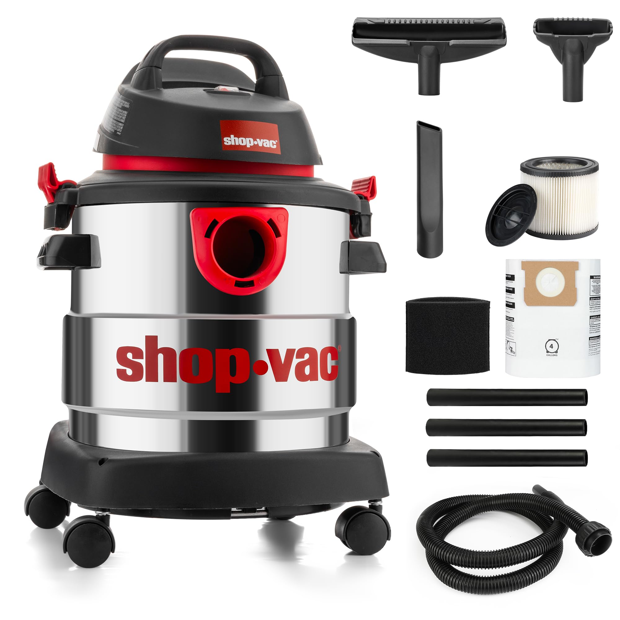Wet/Dry Vacuum Shop-Vac 5989305, 5 Gallon, 4.5 Peak HP Stainless Steel Vacuum, 1.25 Inch Diameter x 7 Foot Hose, 6 Ft Cord Length, Ideal for Jobsite, Garage, Car & Workshop