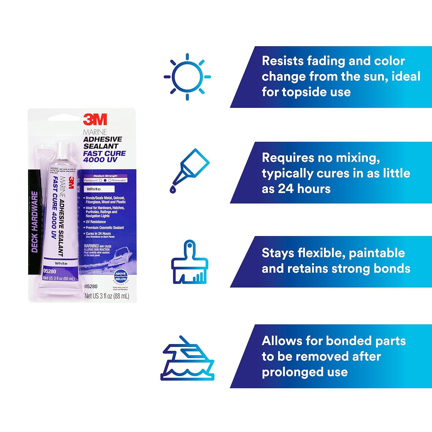 Marine Adhesive Sealant 3M 4000 UV (05280), Medium Strength Flexible Waterproof Adhesive Sealant for Boats and RVs, UV Resistant, Cures in 24 Hours, White, 3 fl oz Tube
