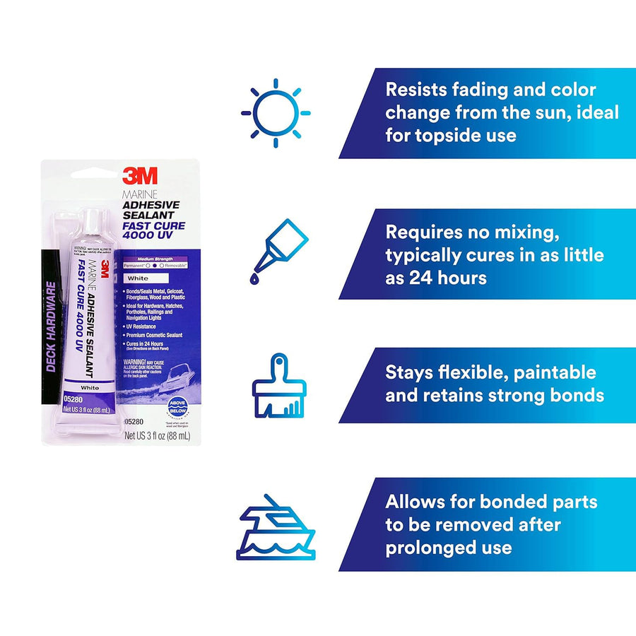 Marine Adhesive Sealant 3M 4000 UV (05280), Medium Strength Flexible Waterproof Adhesive Sealant for Boats and RVs, UV Resistant, Cures in 24 Hours, White, 3 fl oz Tube