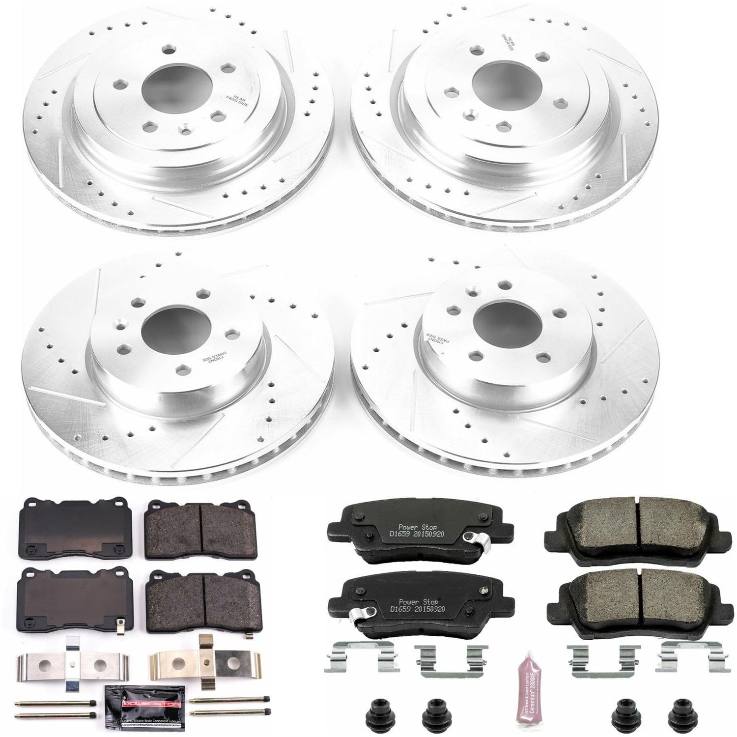 Power Stop K6390 Z23 Carbon Fiber Brake Pads Front and Rear with Drilled & Slotted Brake Rotors Kit For Cadillac ATS 2013-2015 [Model Specific]