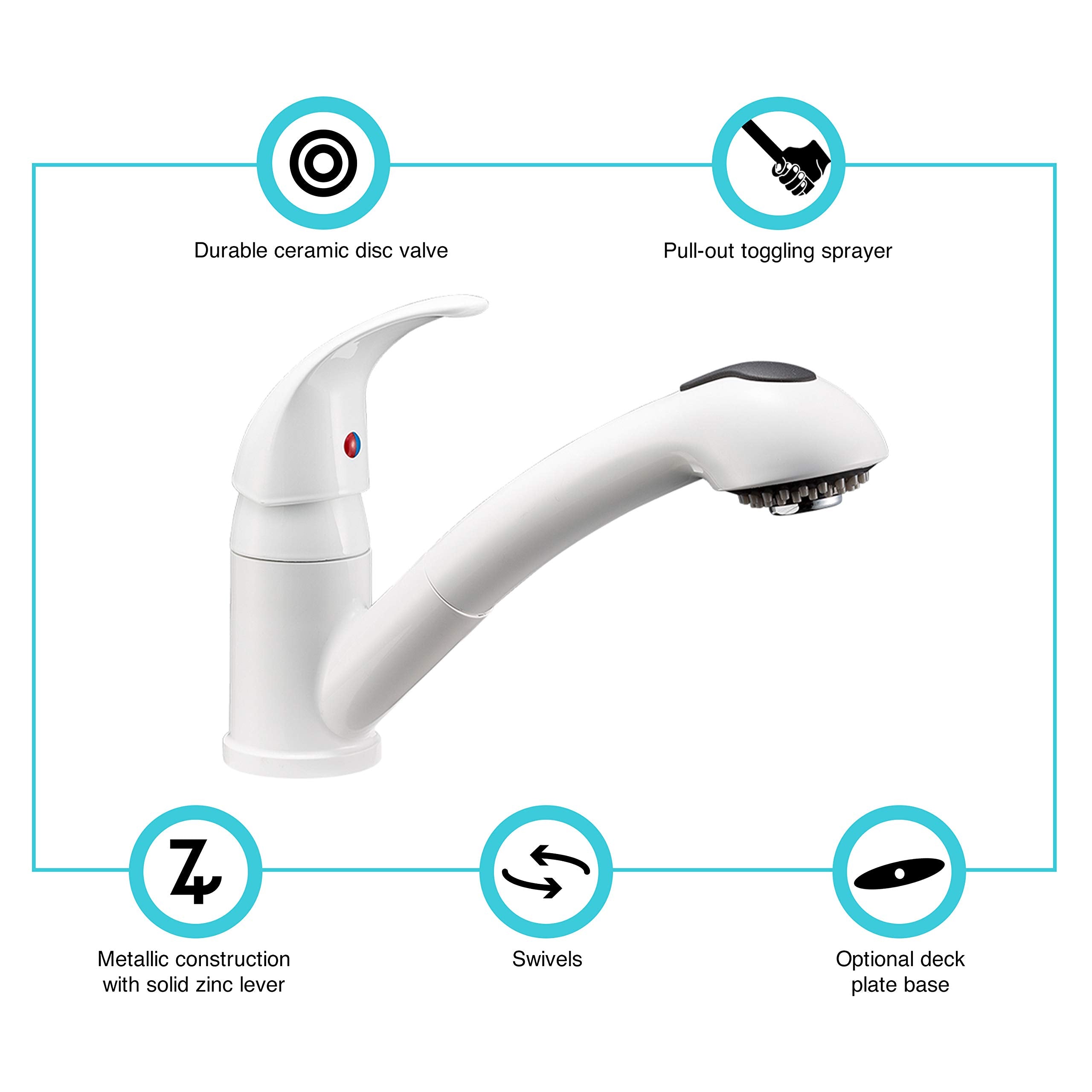 Dura Faucet RV Pull-Out Swivel DF-NMK852-WT Kitchen Sink Single Handle Faucet - One-Hole (White)