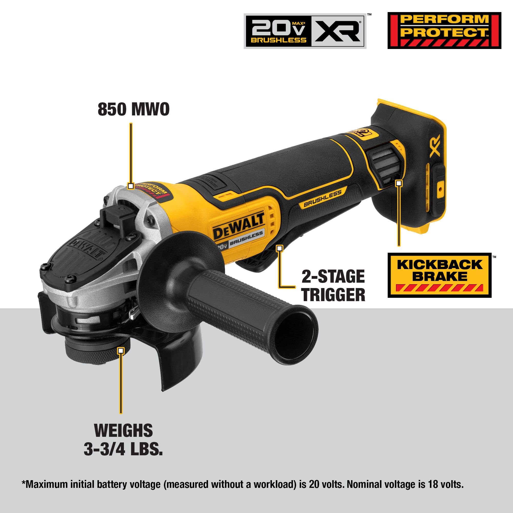 Angle Grinder DEWALT 20V MAX* Tool Cordless Brushless, 4 1/2 Inch, with Paddle Switch and Kickback Brake, Tool Only (DCG413B)