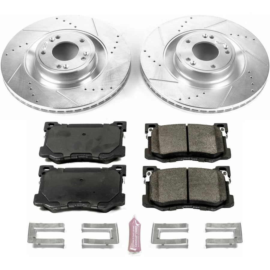 Power Stop K7030 Z23 Carbon Fiber Brake Pads Front with Drilled & Slotted Brake Rotors Kit For Hyundai Genesis 2015-2016, Kia K900 2015-2017 [Model Specific]
