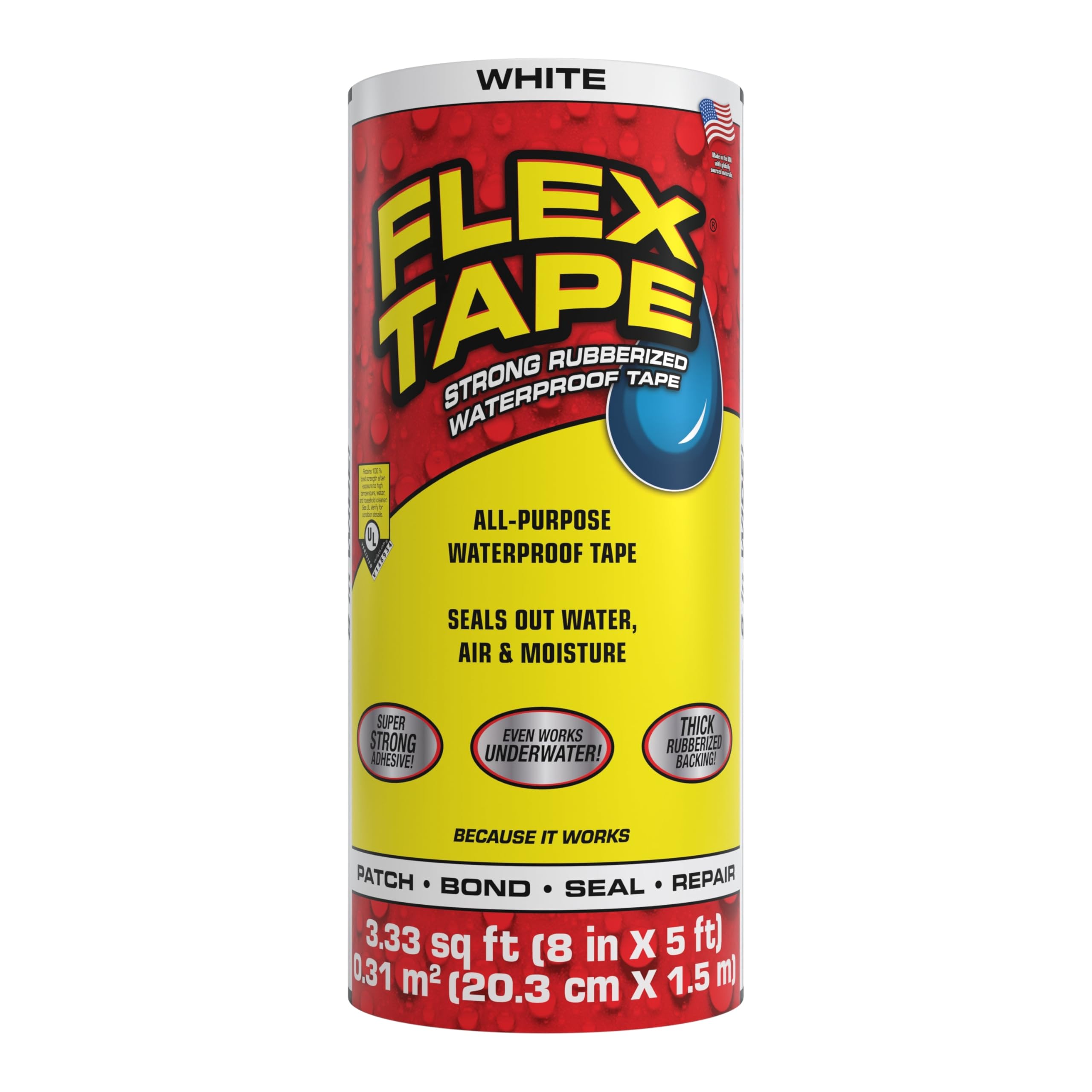 Original Flex Tape, Thick Flexible Rubberized Waterproof Tape - Seal and Patch Leaks, Works Underwater, Indoor Outdoor - Home RV Roof Plumbing and Pool Repairs, White, 8 in x 5 ft, Pack of 1
