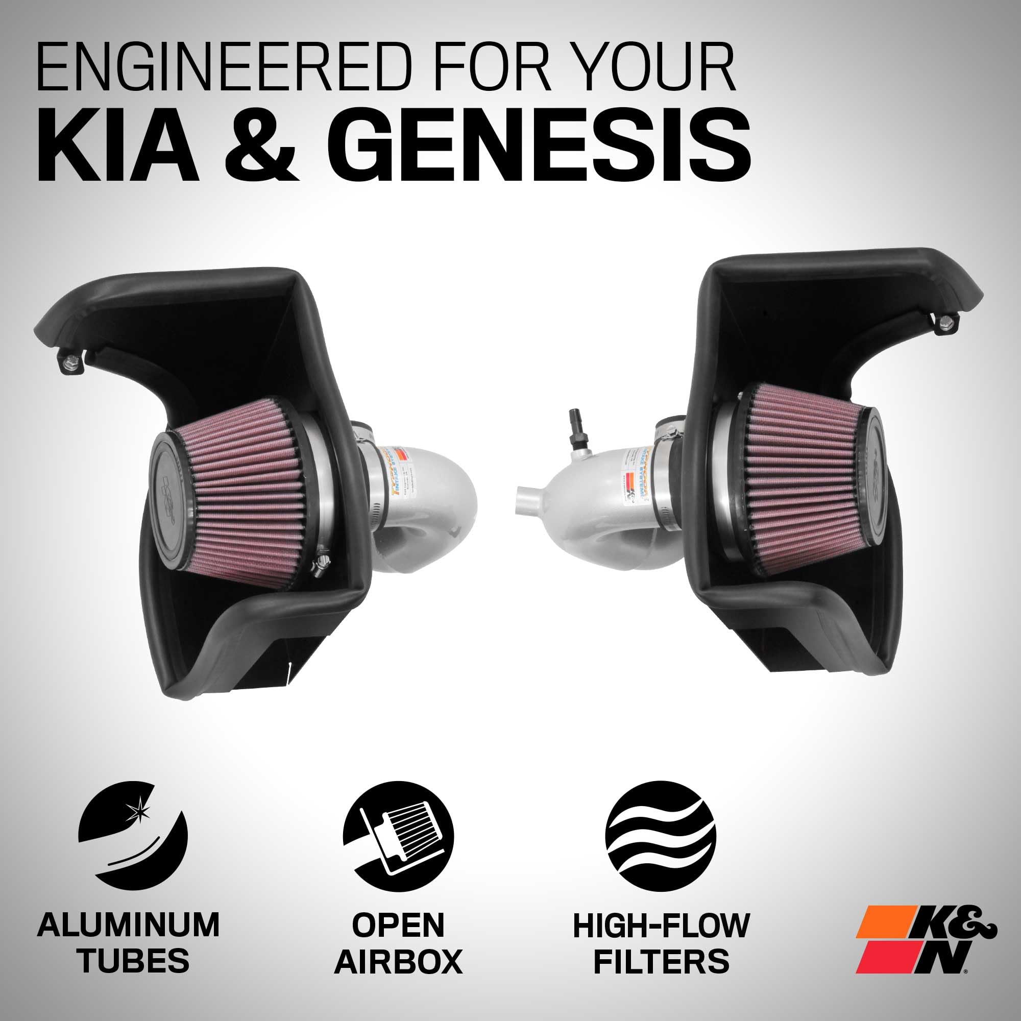 Cold Air Intake System K&N: High-Flow Air Filter, Increase Performance & Acceleration: Compatible with 2018-2025 Genesis/Kia G70, Stinger, 69-5318TS