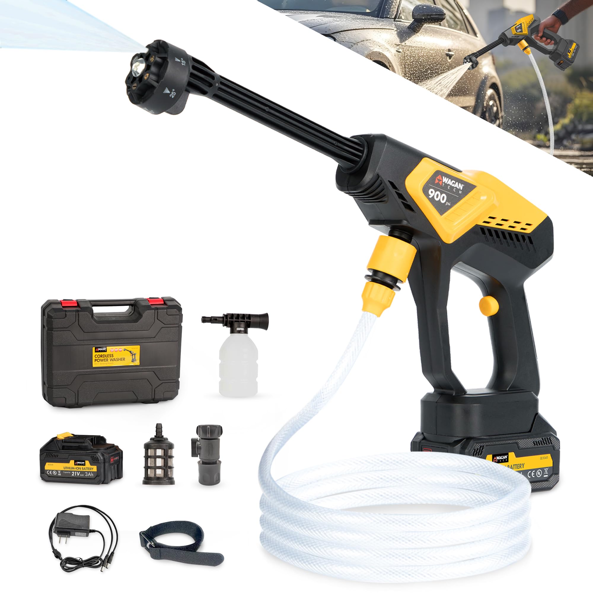 Wagan EL6312 Power Cordless Pressure Washer with 6-in-1 Long Nozzle 970PSI Portable Power Washer with 2 Rechargeable 3.0Ah Batteries Using for Car, Garden, Floor Cleaning