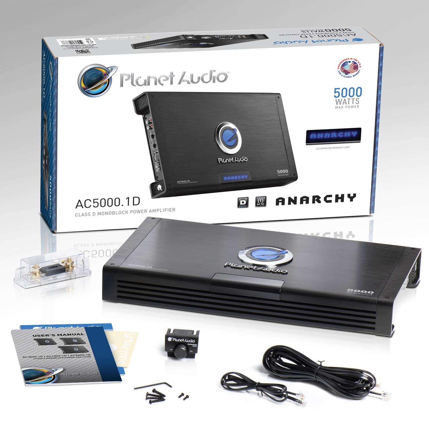 Planet Audio Anarchy Series AC5000.1D Car Amplifier - 5000 High Output, Class D, Monoblock, 1 Ohm Stable, Low Level Inputs, Low Pass Crossover, Mosfet Power Supply