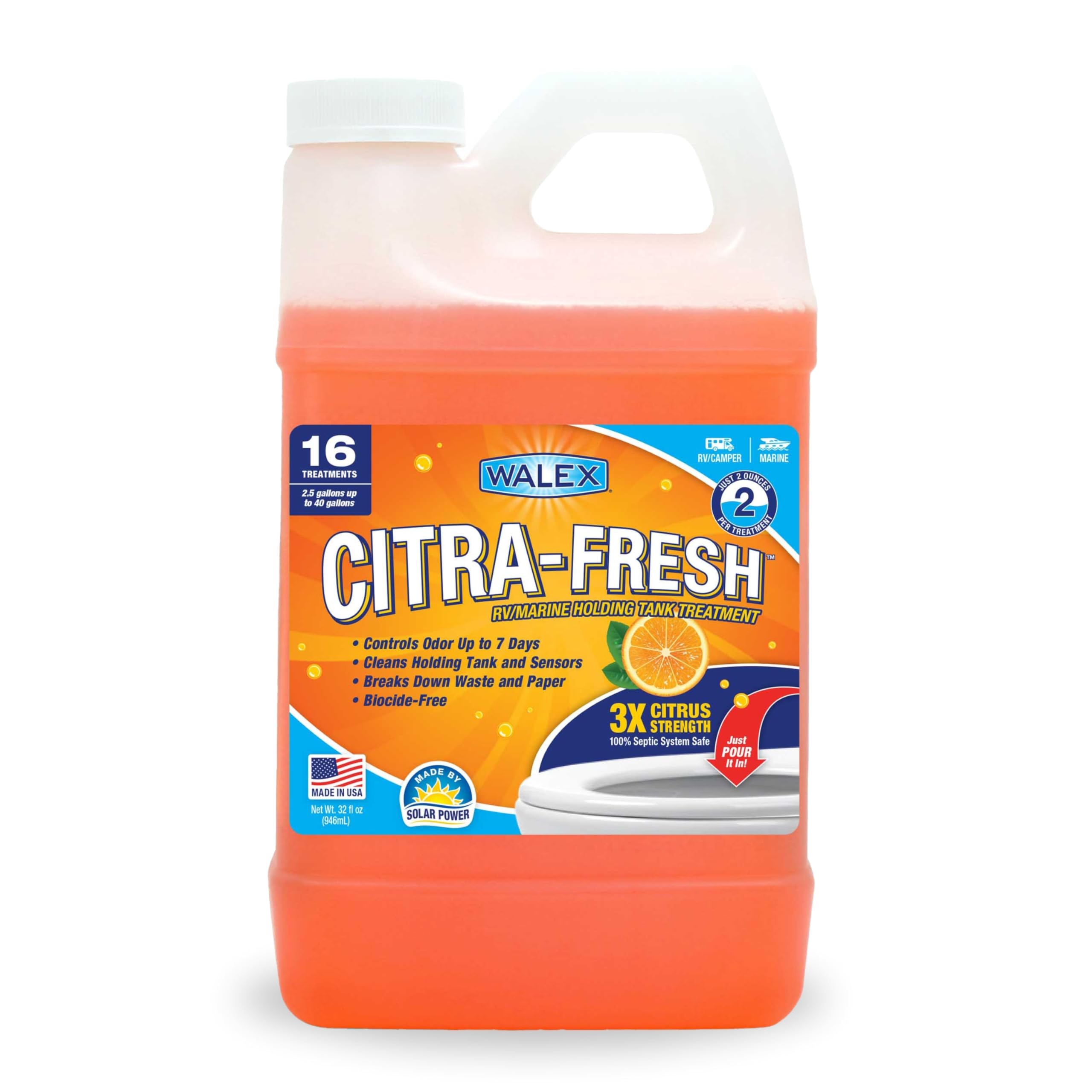 Citra-Fresh Walex Liquid Holding Tank Treatment for RV, Camper & Marine - Black Water Tank Deodorizer for Rapid Breakdown of Waste & Toilet Paper, Biocide-Free, Septic Tank Safe, 32oz