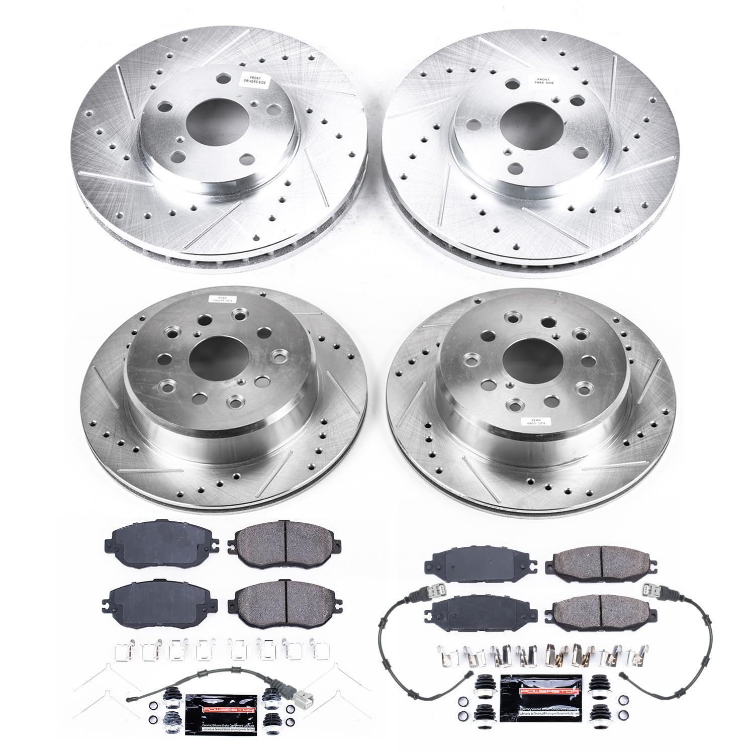Power Stop K4335 Z23 Daily Driver Front and Rear Carbon-Fiber Ceramic Brake Pads and Drilled and Slotted Rotors Kit and 2 Front & 2 Rear Sensor Wires
