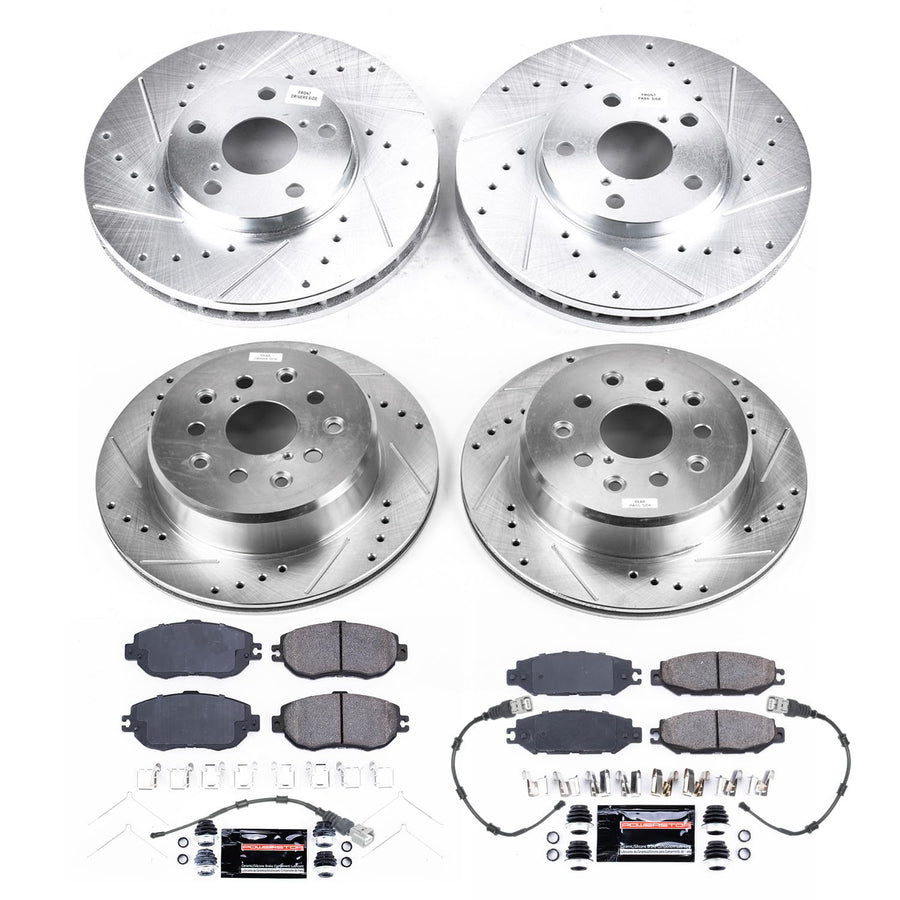 Power Stop K4335 Z23 Daily Driver Front and Rear Carbon-Fiber Ceramic Brake Pads and Drilled and Slotted Rotors Kit and 2 Front & 2 Rear Sensor Wires