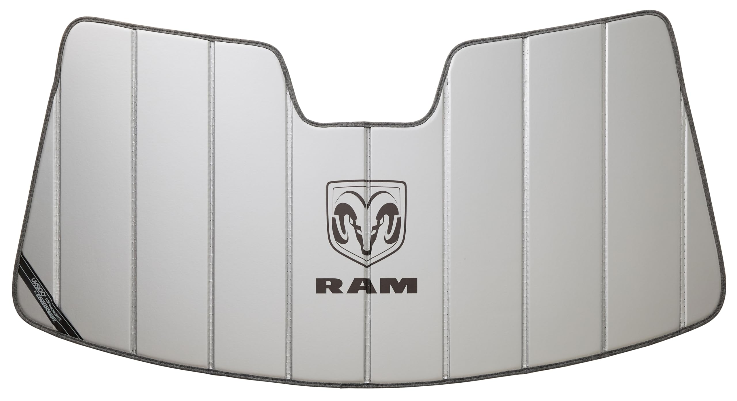 Covercraft Stacked Logo Ram Truck UVS100 Original Sunscreen | Fits 2019-2024 Ram 1500 w/o Sensor Attached to Rearview Mirror | Silver