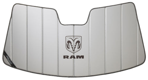Covercraft UVS100 Original Sunscreen Ram Truck Stacked Logo | Fits 2019-2024 2500/3500/4500/5500 w/Small 5 Inch Wide Sensor Attached to Rearview Mirror | Silver
