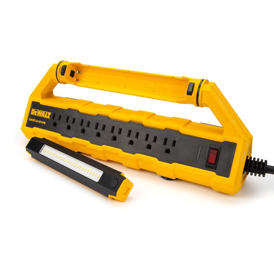 15-Amp Dewalt GFCI Power Station with Detachable Work Light and Cord Minder Kit, 8 Standard 3-Prong Outlets, 2 USB Ports