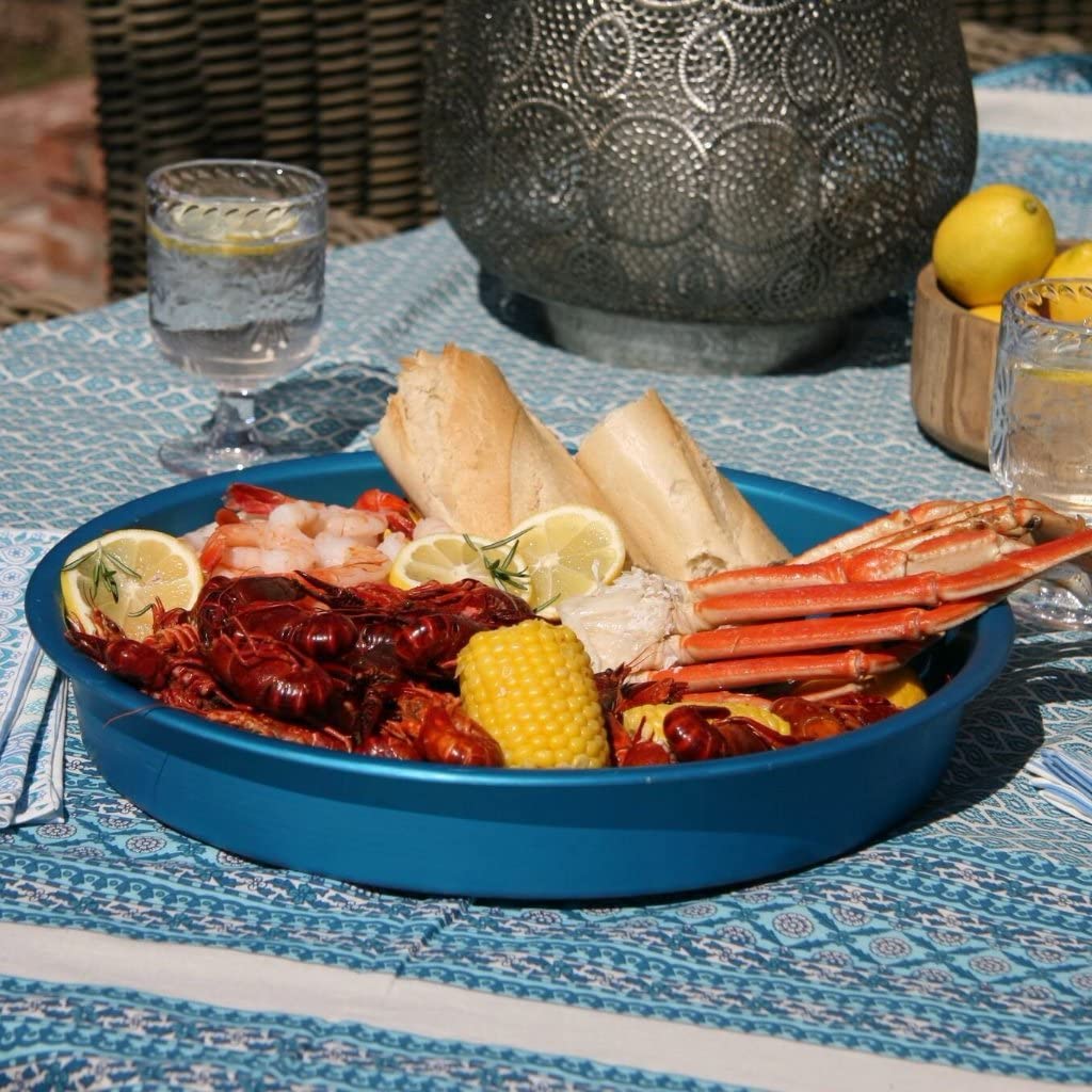 Bayou Classic 14-in Blue Anodized Aluminum Serving Tray 4-pc Set Perfect for Crawfish and Seafood Boils Cookouts Tailgating Camping and Backyard Entertaining