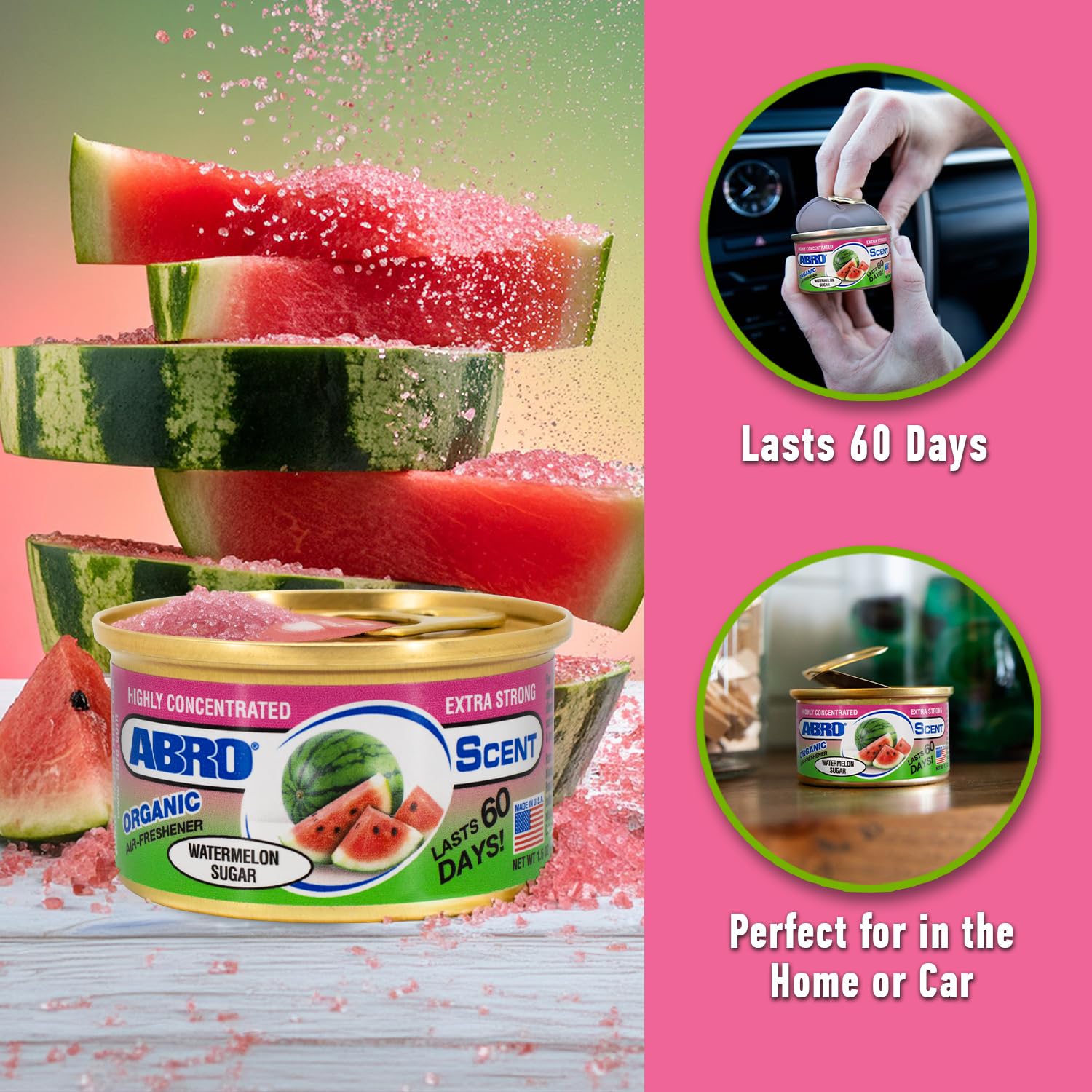 ABRO Air Freshener Car Cans: Spill Proof Air Fresheners for Home, Office, or Car Accessories, Lasts Up to 60 Days - 1 Pack Watermelon Sugar Scent