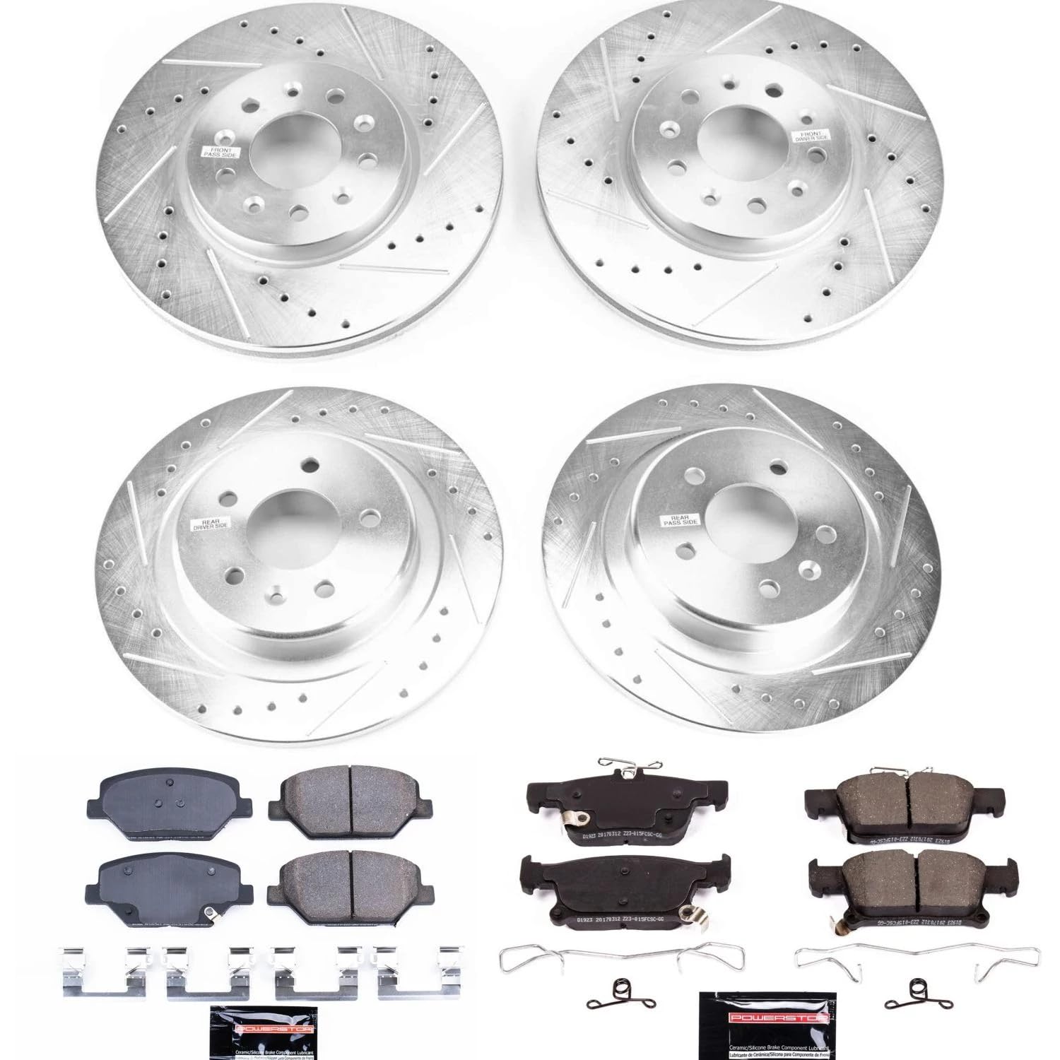 Power Stop K7556 Z23 Carbon Fiber Brake Pads Front and Rear with Drilled & Slotted Brake Rotors Kit For Buick Envision 2016-2018 [Model Specific]