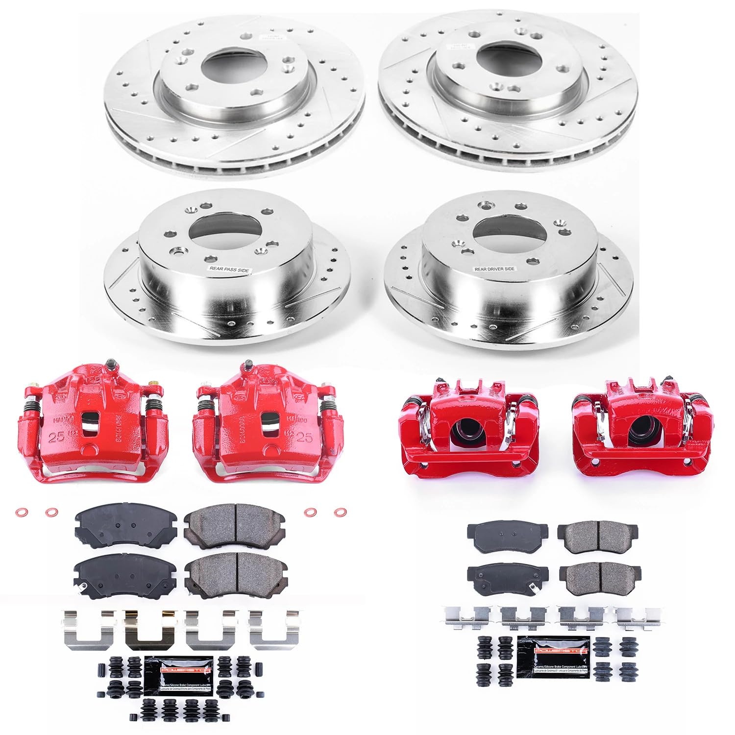 Power Stop Z23 KC4442 Evolution Sport Front and Rear Caliper Brake Kit-Drilled/Slotted Rotors, Carbon Ceramic Brake Pads, Calipers For Hyundai Elantra 2007-2010 [Model Specific]