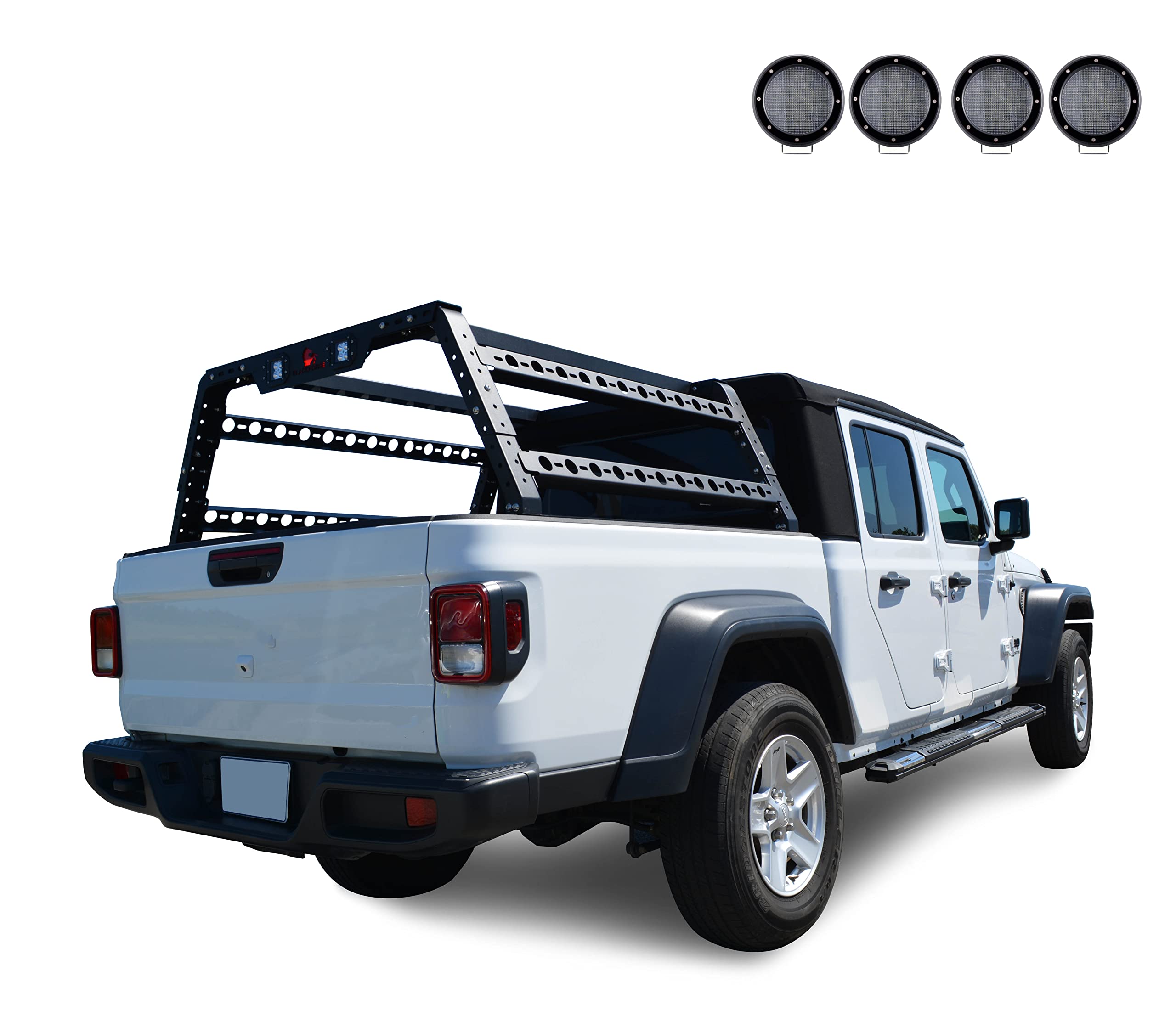 Overland Black Horse Bed Rack Incl.Set of 5.3" Dia.LED Light w/Black Trim Rings Compatible with Full Size and Small Trucks, Dodge Ram,Gladiator, Titan, GMC, Chevrolet, Ford, Frontier-TR01B-PLFB
