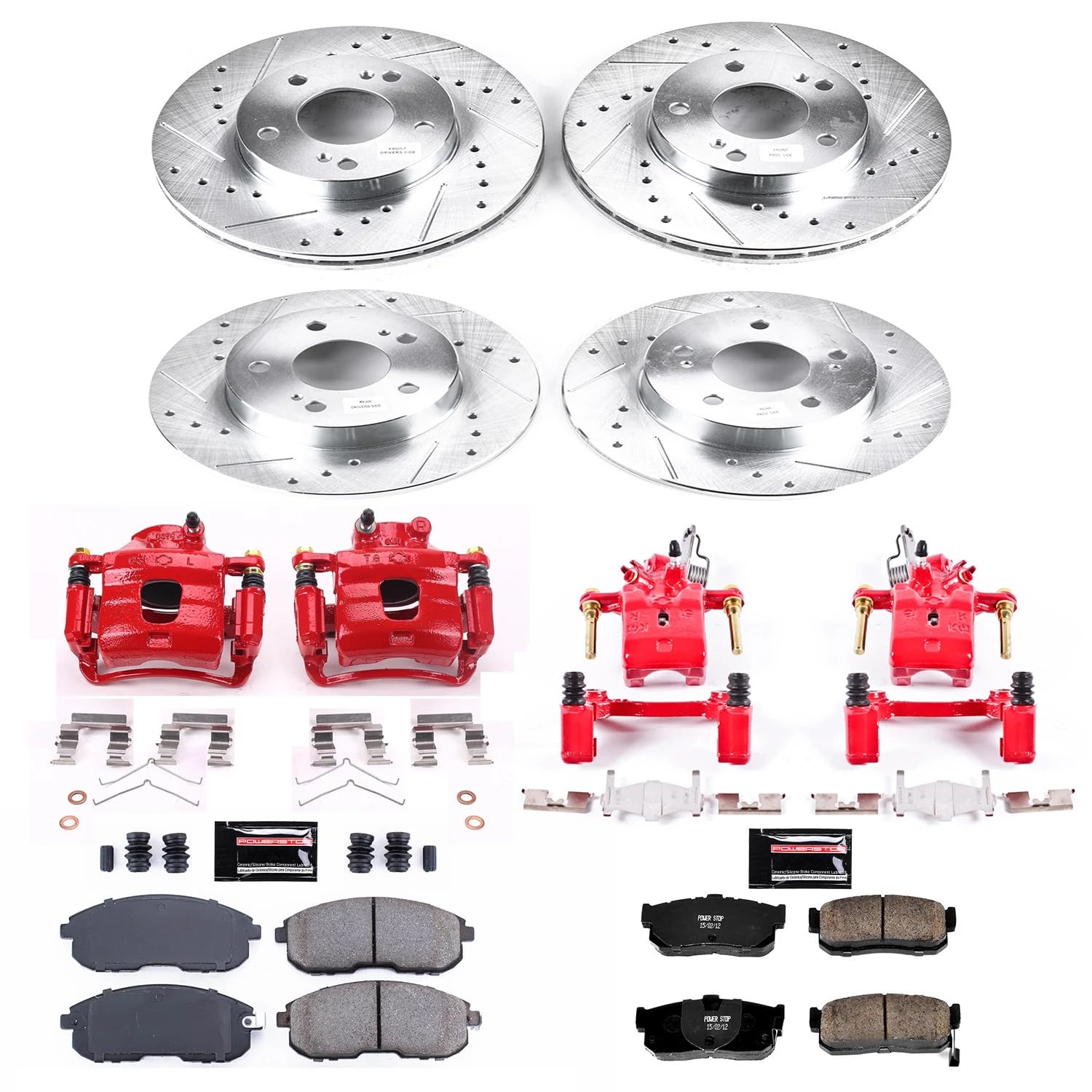 Power Stop Z23 Evolution Front and Rear Caliper Kit-Drilled/Slotted Rotors, Brake Pads & Carbon Ceramic Calipers