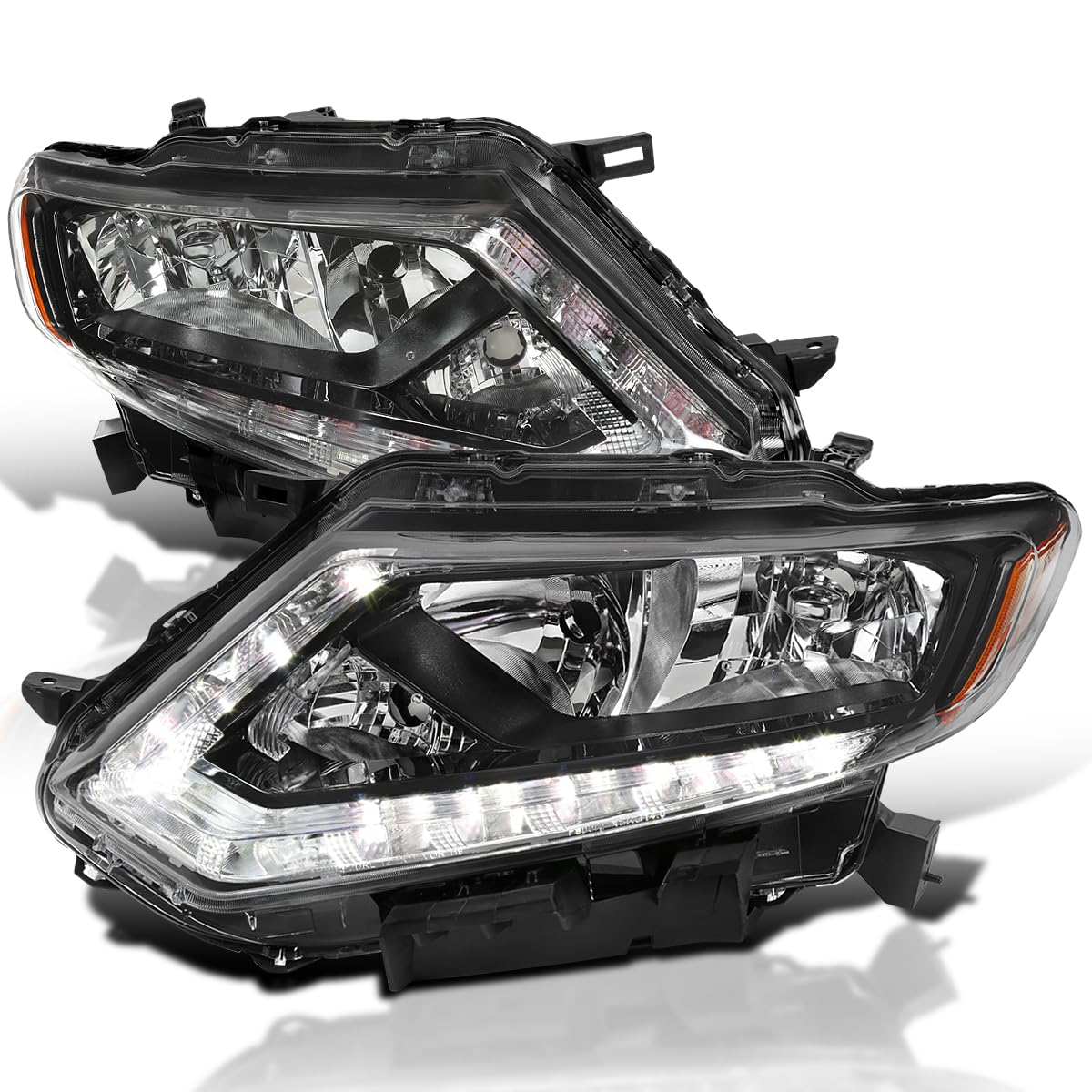 Black Headlights w/LED Strip SPEC-D TUNING Compatible with 2014-2016 Nissan Rogue, Left + Right Pair Headlamps Assembly