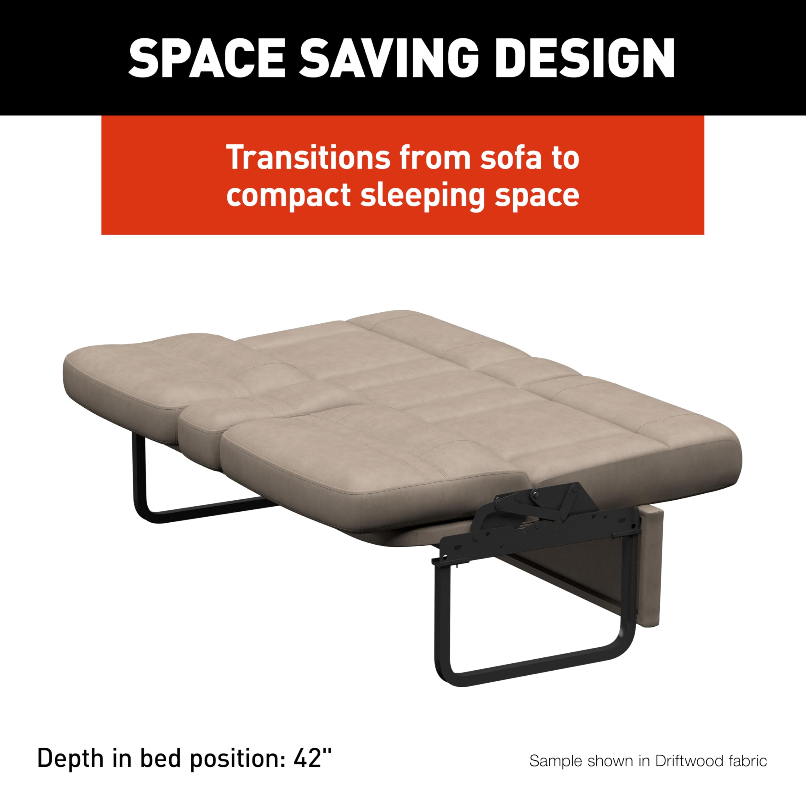 62" Thomas Payne Signature Driftwood RV Jackknife Sleeper Sofa with Matching Kickboard, Easy Transition, High-Density Foam Cushioning, Fold-Down Center, Dual Cupholders - 2024044390