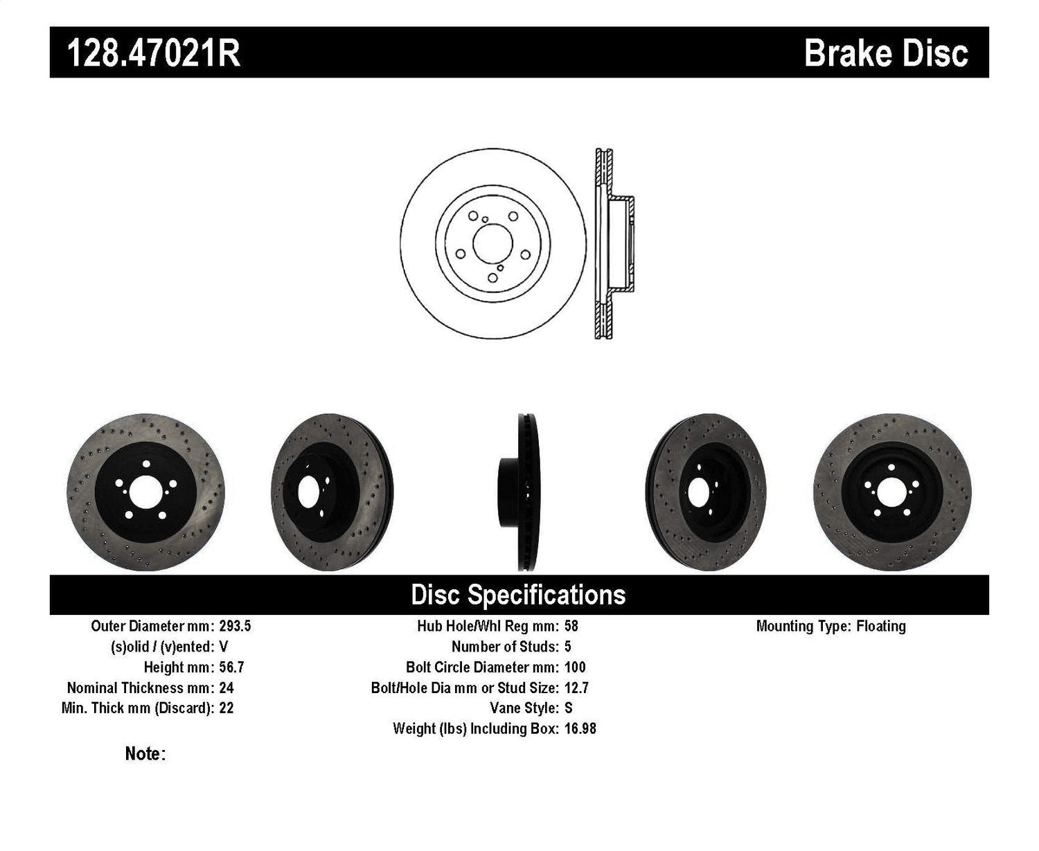 Sport StopTech Front Right Cross Drilled Disc Brake Rotor 128.47021R - Fits Select Scion, Subaru and Toyota Vehicles