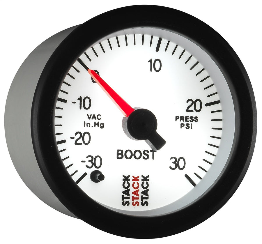 Autometer 52mm Stack -30INHG to +30 PSI (Incl T-Fitting) Pro Stepper Motor Boost Press Gauge - White
