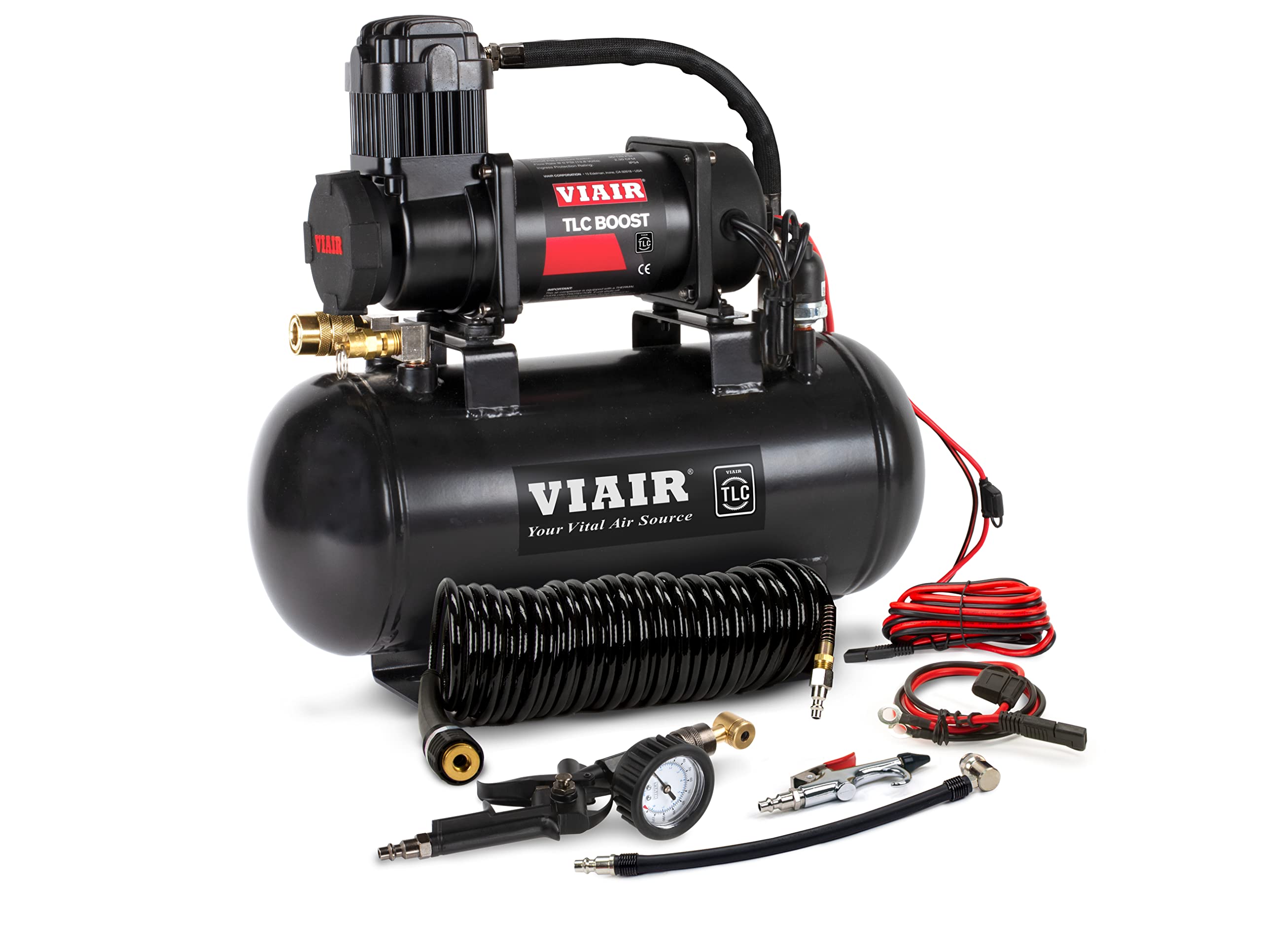 VIAIR Air Compressor TLC BOOST Source Kit – 120 PSI Stationary Tire Inflator with 1.5 Gallon Tank, Presta Valve Chuck, Inflation Tips & 30ft Coil Hose – For Air Tools, DIY Projects & Mobile Shops