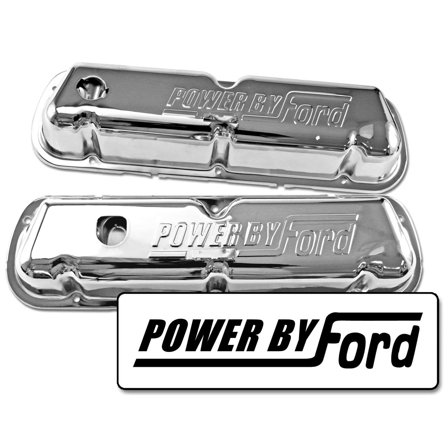 Steel Valve Covers Scott Drake with Official Powered by Ford Lettering in a Chrome Finish, Compatible with 1968-1972 Ford Mustang, Model C8OZ-6A582-C