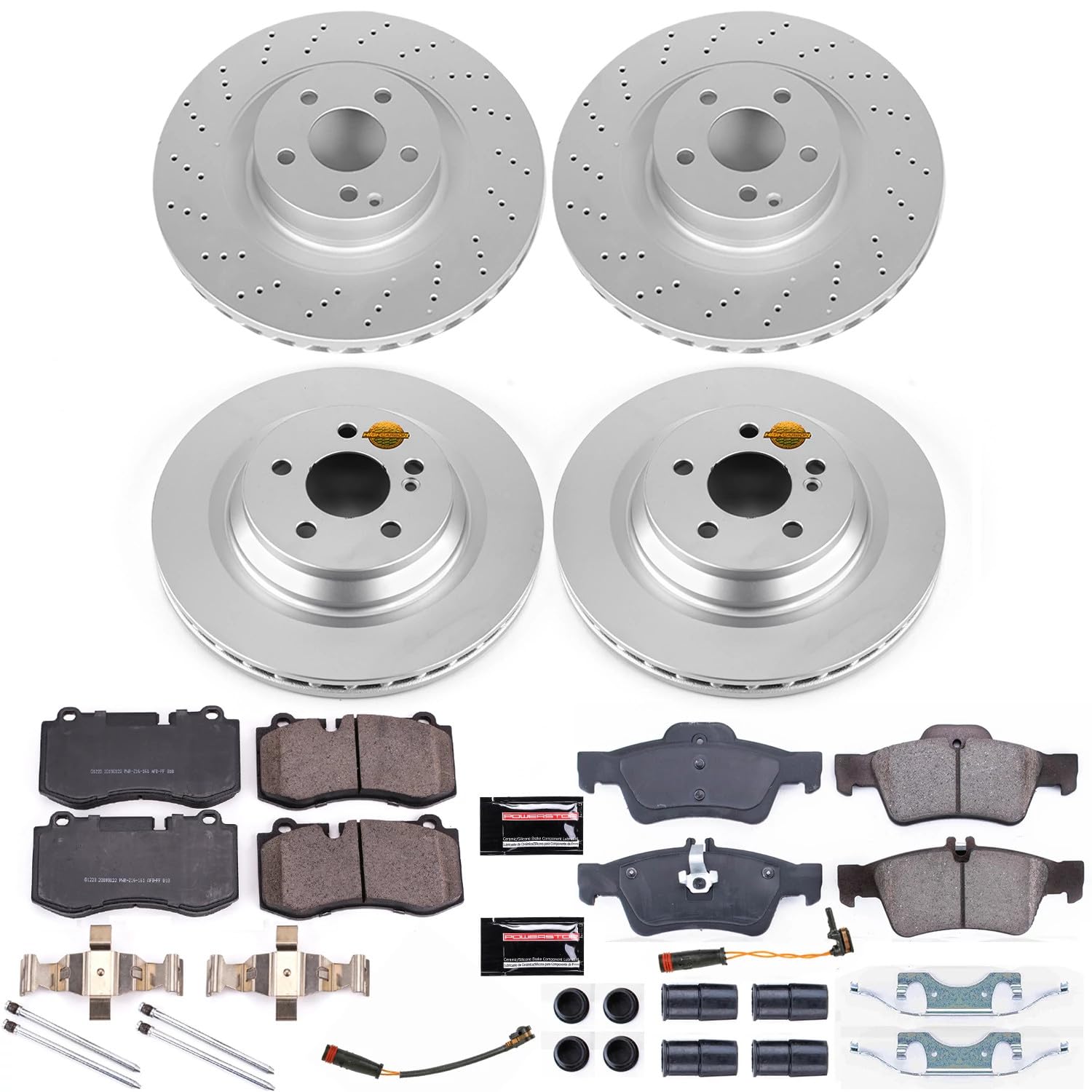 Power Stop Z23 Evolution Sport Geomet Coated Brake Kit Front & Rear and 1 Front & 1 Rear Sensor Wires For CL550, CL600, S350, S400, S550, S600, SL550 [Model Specific]