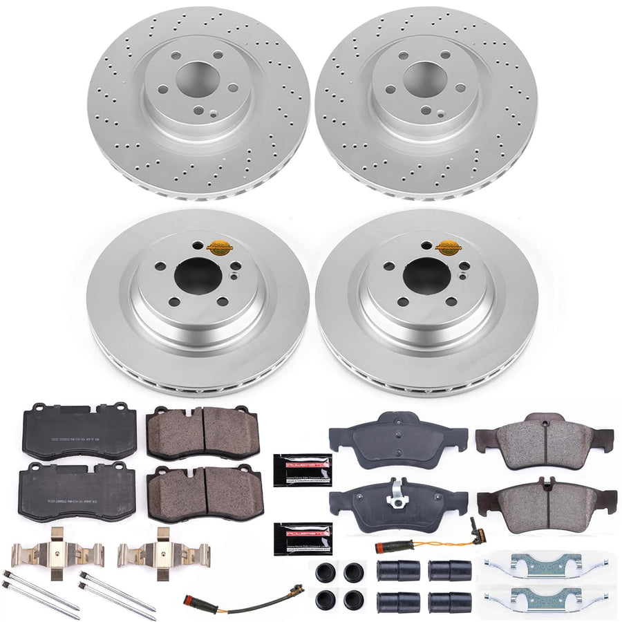 Power Stop Z23 Evolution Sport Geomet Coated Brake Kit Front & Rear and 1 Front & 1 Rear Sensor Wires For CL550, CL600, S350, S400, S550, S600, SL550 [Model Specific]
