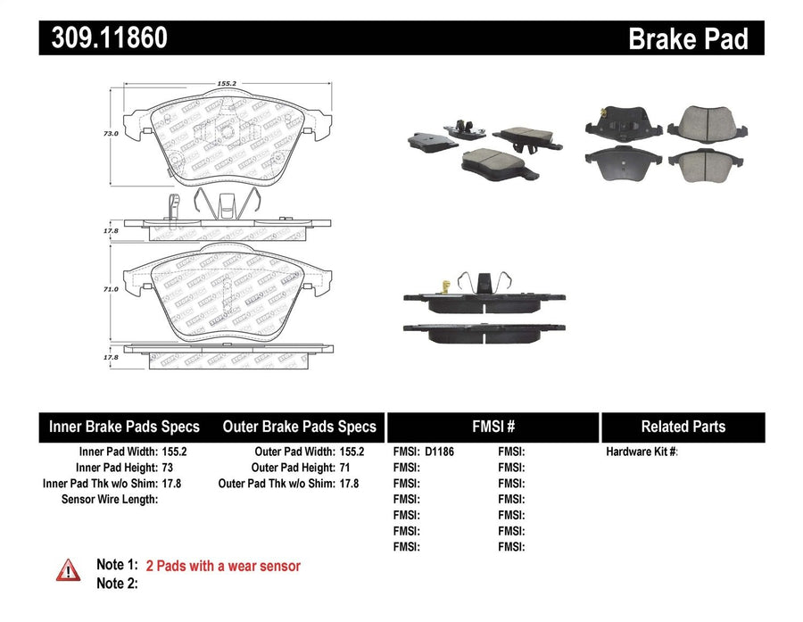 Sport Brake Pads StopTech 309.11860 with Shims and Hardware