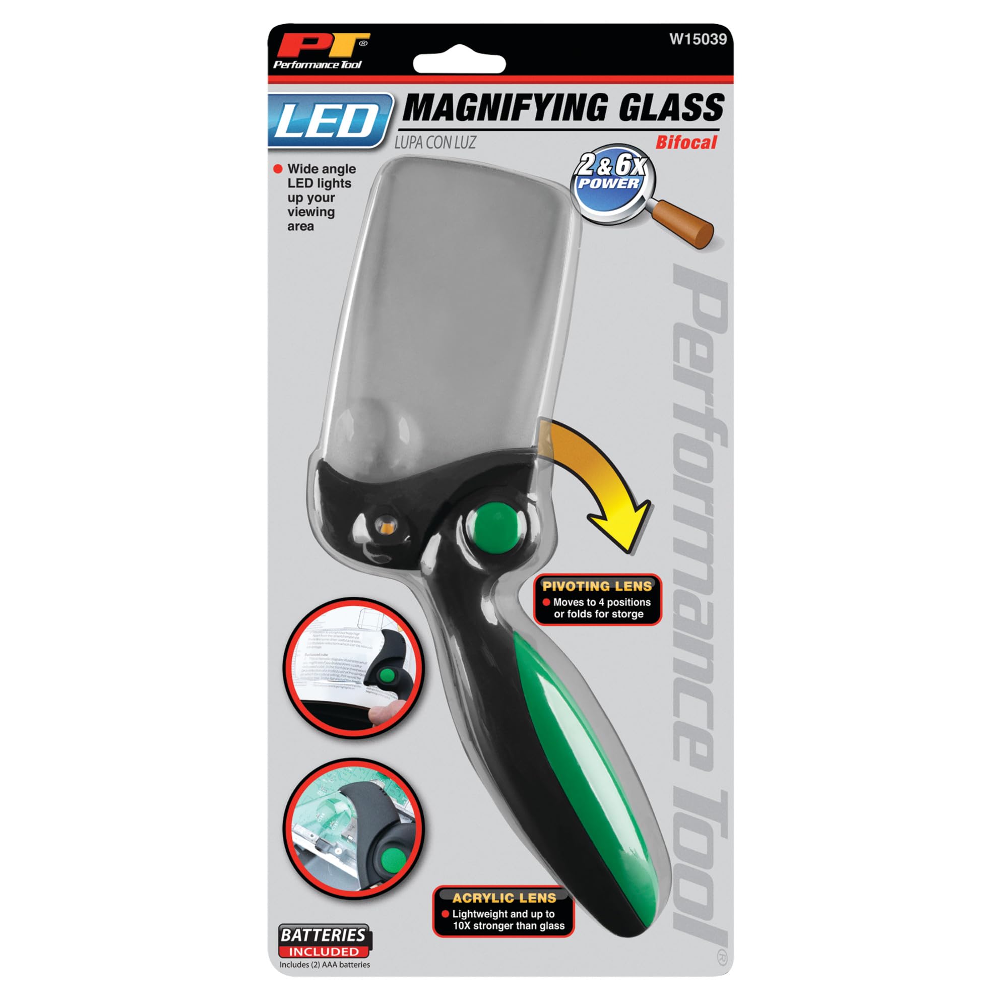 Wide Angle Performance Tool W15039 LED Bifocal Magnifier Lights Up Your Viewing Area & Folded for Easy Storage