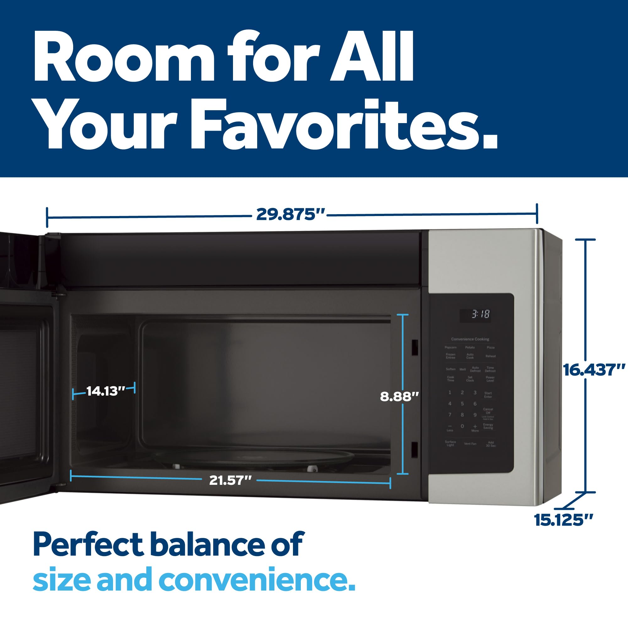 Over-the-Range GE Microwave Oven with Recirculating Venting, 1.8 Cu. FT, 900W, 12.8” Removable Turntable, 10 Power Levels, Stainless Steel
