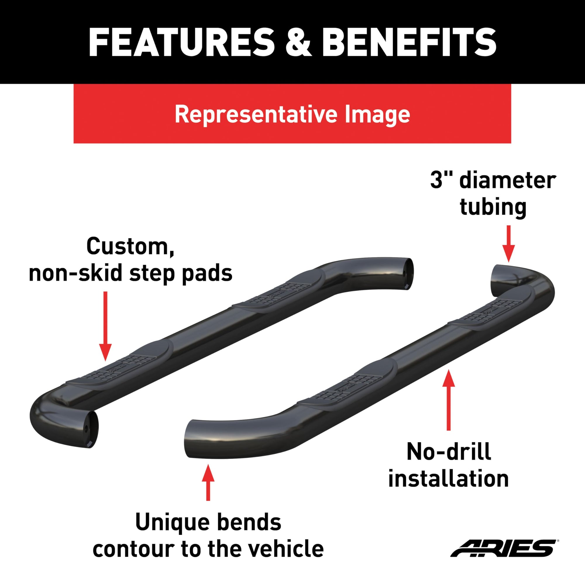 3-Inch Round Black Steel ARIES Nerf Bars, No-Drill, Fits Select Ford Bronco, Large