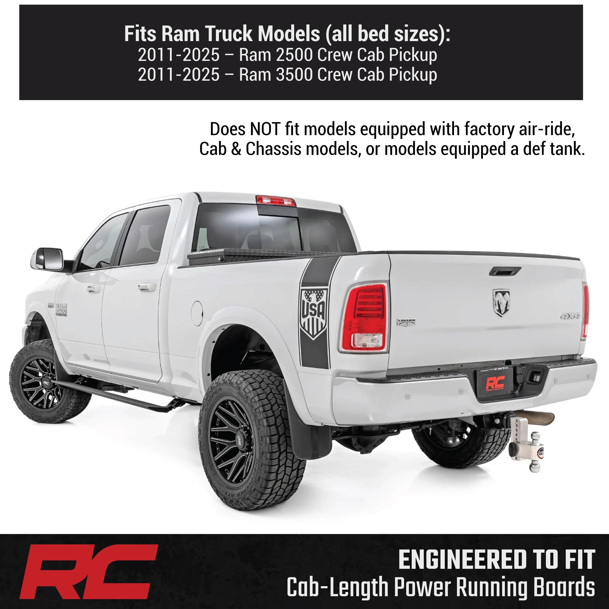 Rough Country Power Running Boards with LED Step Lights for Quad Cab Ram 2500/3500 (2010-2025) - Retractable Electric Side Steps, Non-Slip Aluminum Design