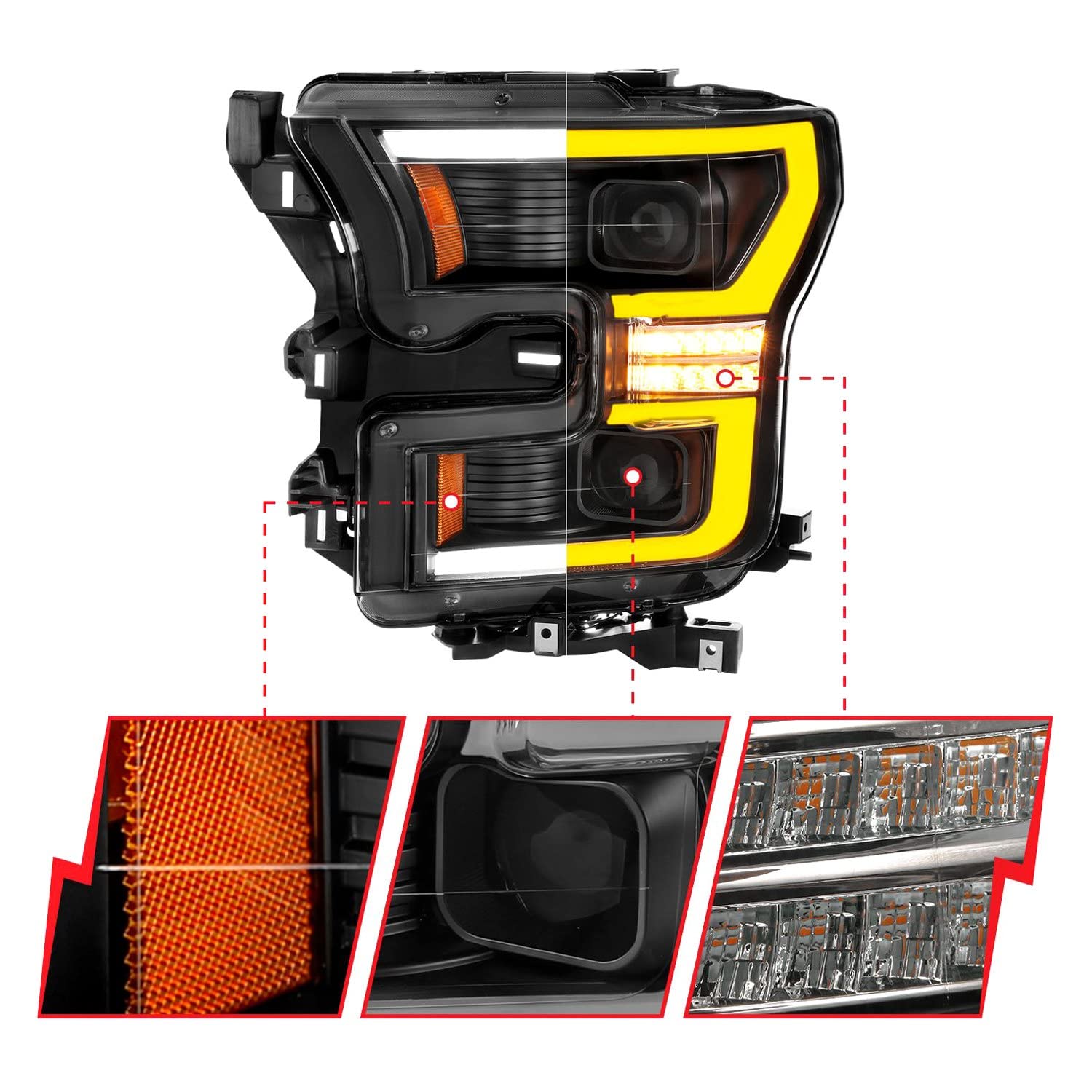 Ford F-150 ANZO USA 15-17 Projector Full LED Switchback Headlights Black Amber