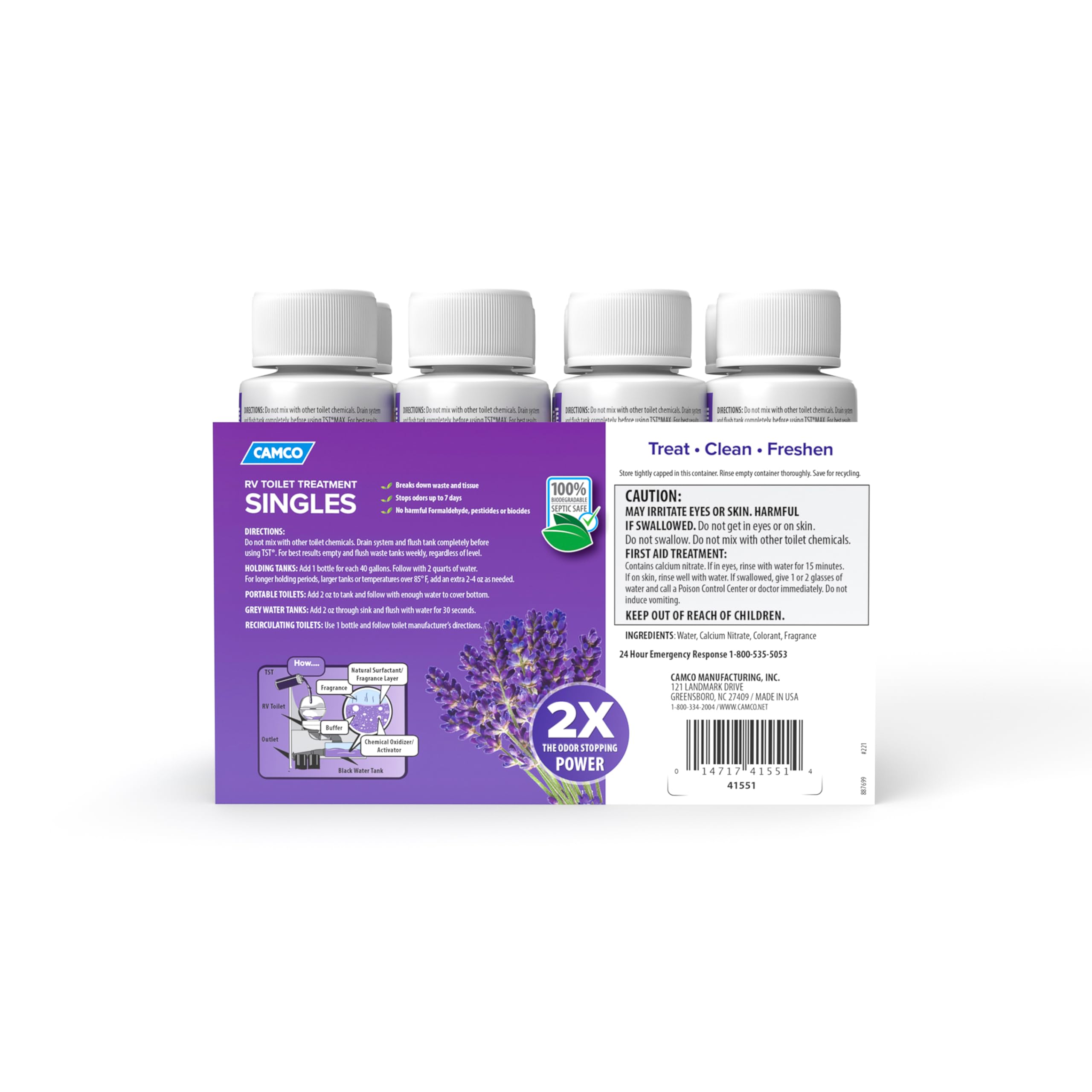 Camco TST MAX Toilet Treatment RV - Formaldehyde Free - Breaks Down Waste And Tissue - Septic Tank Safe - Treats up to 8-40 Gallon Holding Tanks -Lavender Scent, (8) 4 oz Bottles (41551)