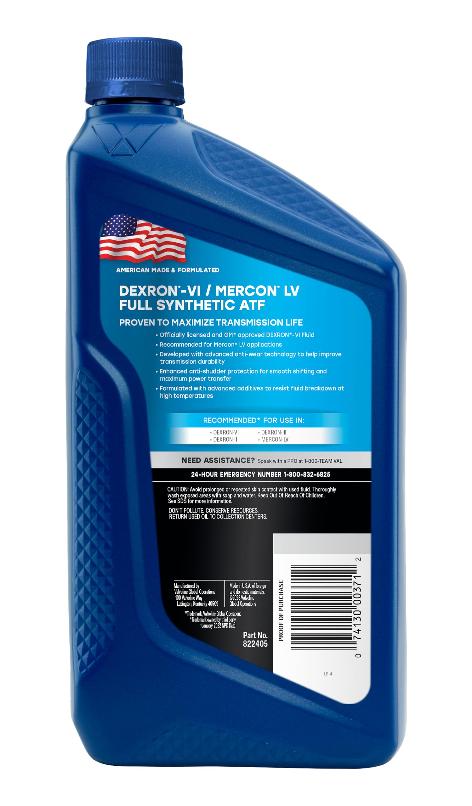 Full Synthetic Automatic Transmission Fluid Valvoline DEXRON VI/MERCON LV (ATF) 1 QT, Case of 6