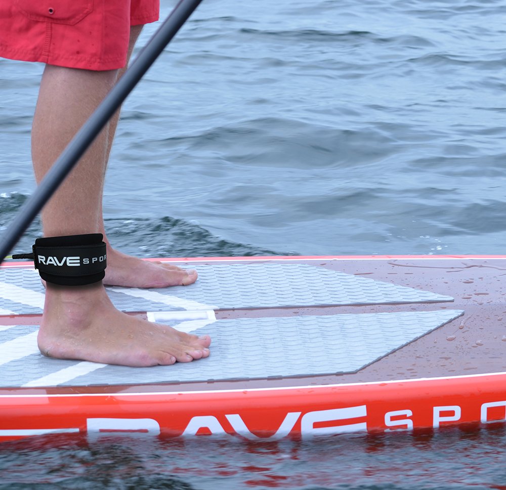 RAVE Sports Leg Leash Stand-Up Paddle Board, 9' Coiled Urethane Stretch Cord, Comfy Adjustable Neoprene Cuff, Stainless Steel Swivel, Easy Release Double Protection Nylon Ring Attaches to SUP