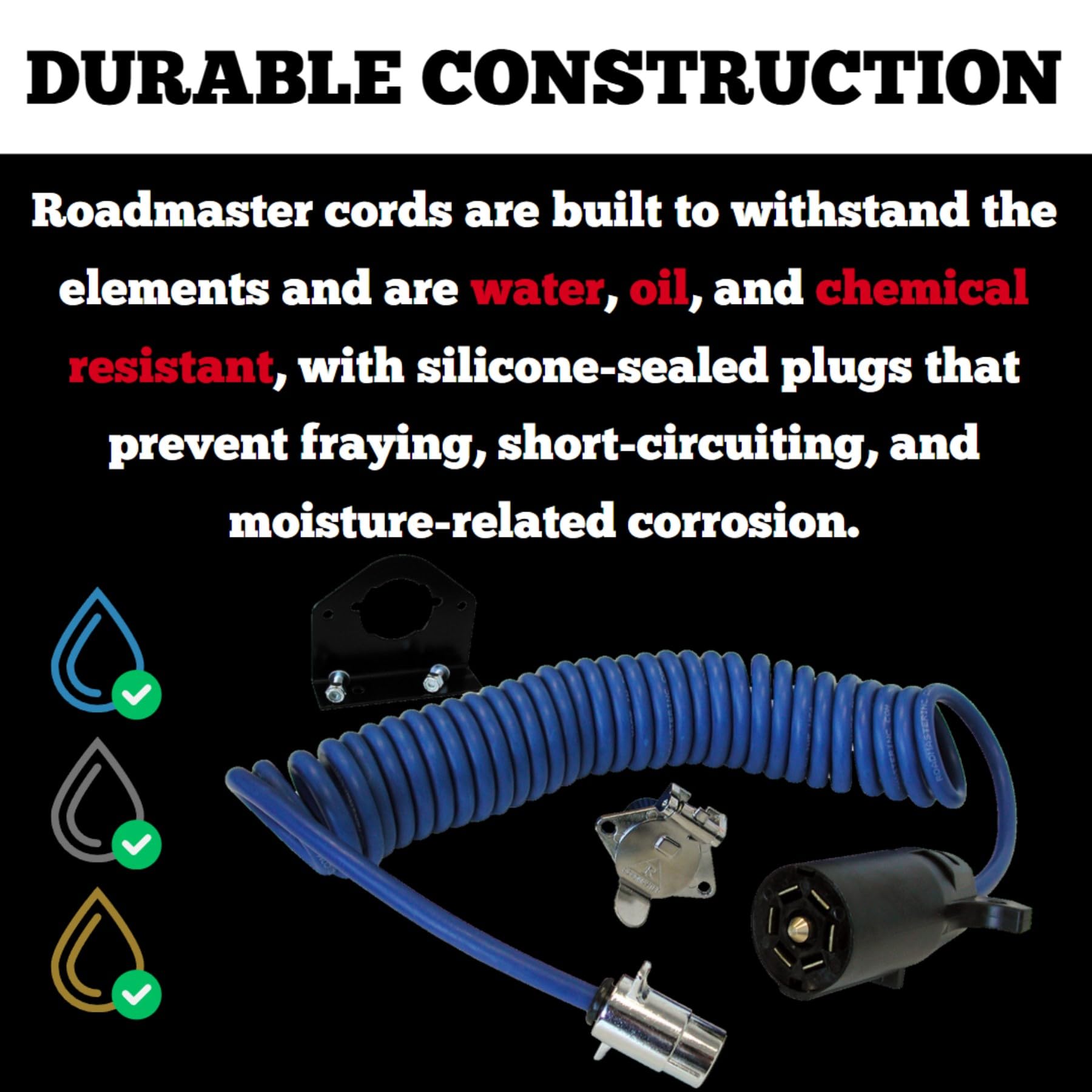 Roadmaster 164-7 Adaptive Power Cord with 7-Wire to 4-Wire, Plugs, Sockets, & Socket Bracket Included | Designed for Motorhomes with 4-Way Sockets | Water, Oil, & Chemical Resistant