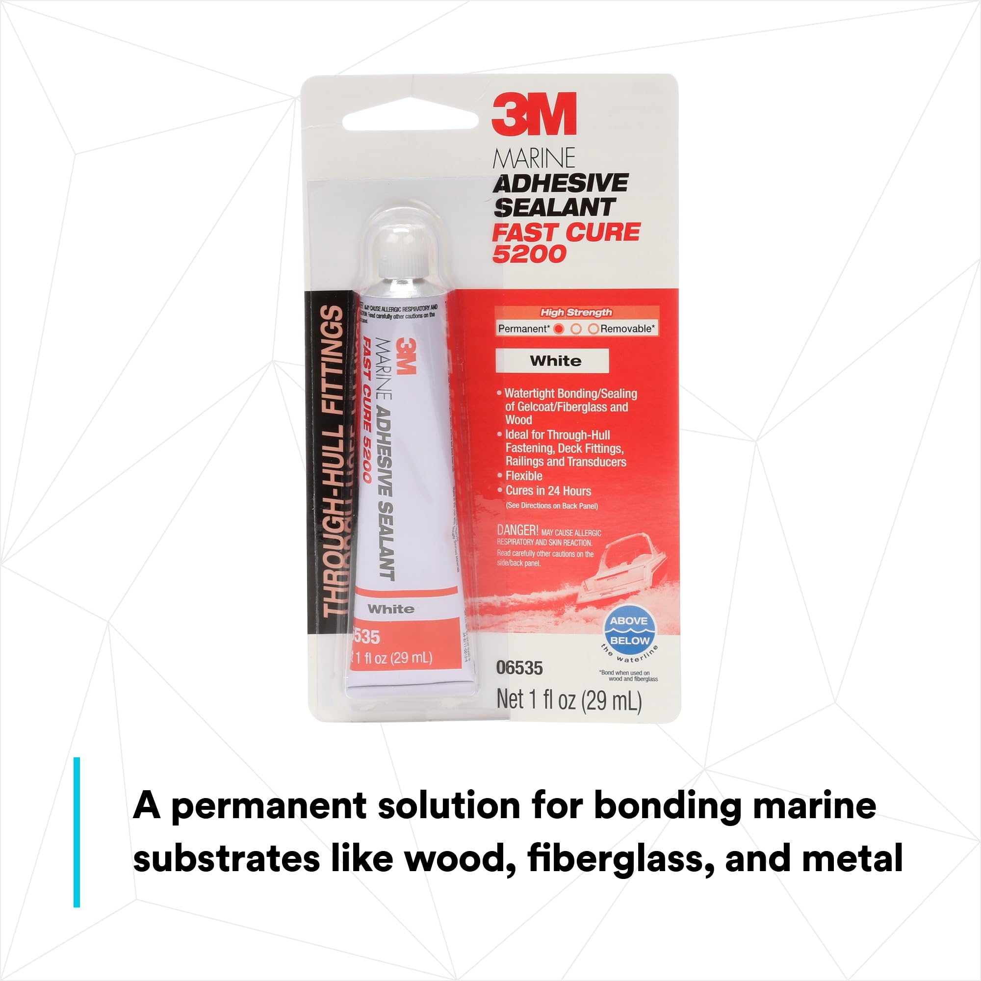 3M Marine Adhesive Sealant 5200 Fast Cure (06535) Permanent Bonding and Sealing for Boats and RVs Above and Below the Waterline Waterproof Repair, White, 1 fl oz Tube