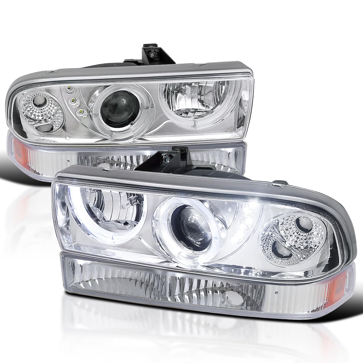 Chrome Halo SMD LED Projector Headlights + Chrome Bumper Lights SPEC-D TUNING Compatible with 1998-2004 Chevy S10, Left + Right Pair Headlamps Assembly