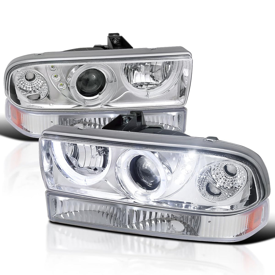 Chrome Halo SMD LED Projector Headlights + Chrome Bumper Lights SPEC-D TUNING Compatible with 1998-2004 Chevy S10, Left + Right Pair Headlamps Assembly